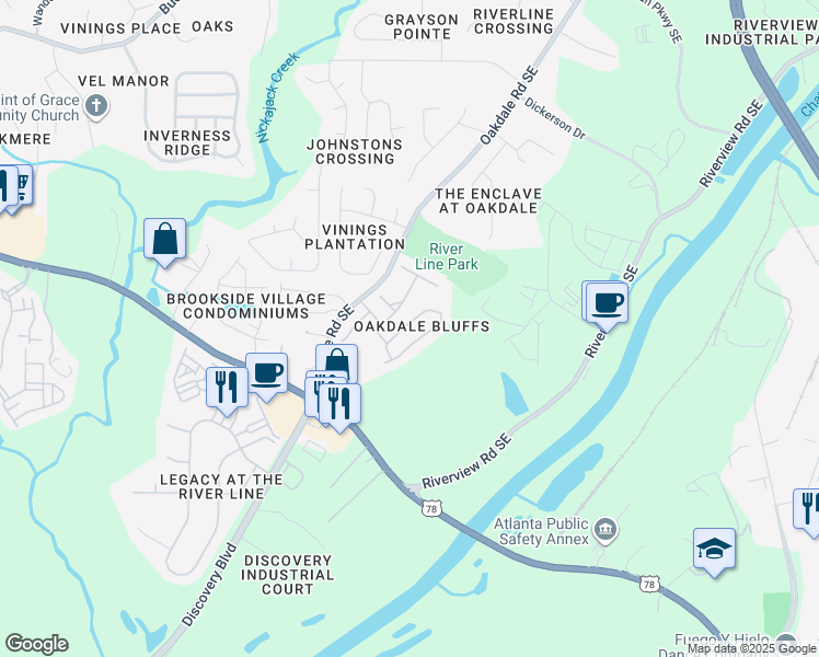 map of restaurants, bars, coffee shops, grocery stores, and more near 6102 Indian Wood Circle in Mableton