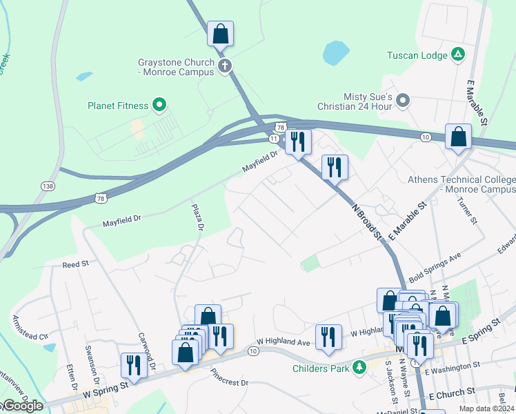 map of restaurants, bars, coffee shops, grocery stores, and more near 539 Green Street in Monroe