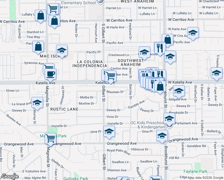 map of restaurants, bars, coffee shops, grocery stores, and more near 9561 Maureen Drive in Garden Grove