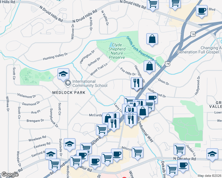 map of restaurants, bars, coffee shops, grocery stores, and more near 852 Alberson Court in Decatur