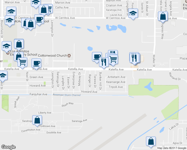 map of restaurants, bars, coffee shops, grocery stores, and more near 11051 Tarawa Drive in Los Alamitos
