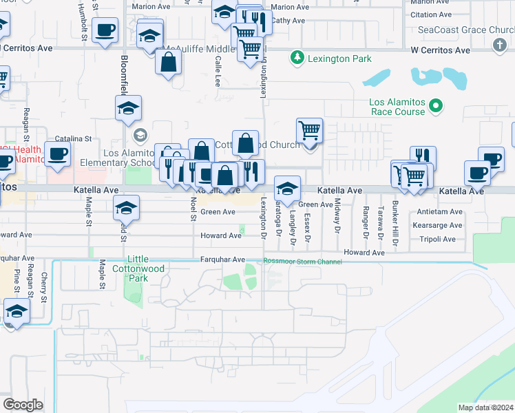 map of restaurants, bars, coffee shops, grocery stores, and more near 4461 Green Avenue in Los Alamitos