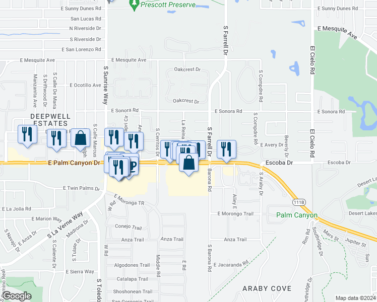 map of restaurants, bars, coffee shops, grocery stores, and more near 1630 La Reina Way in Palm Springs