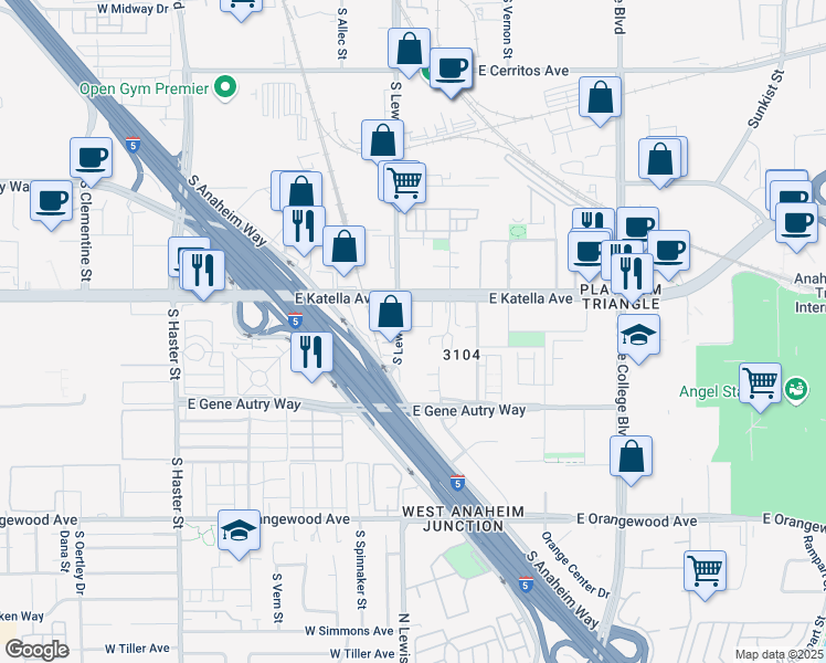 map of restaurants, bars, coffee shops, grocery stores, and more near 914 E Katella Ave in Anaheim