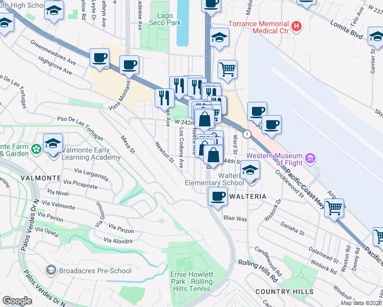 map of restaurants, bars, coffee shops, grocery stores, and more near 24259 Neece Avenue in Torrance