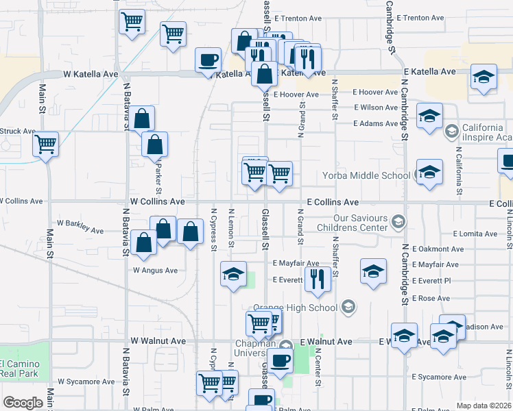 map of restaurants, bars, coffee shops, grocery stores, and more near 875 North Olive Street in Orange