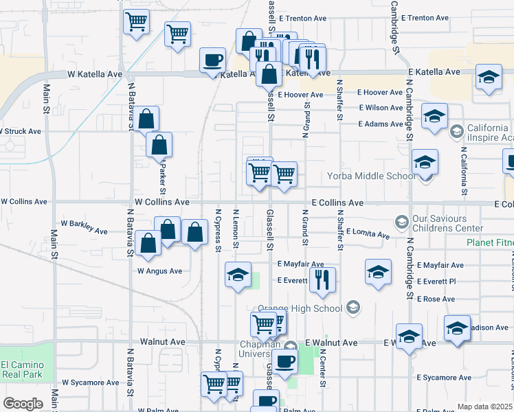 map of restaurants, bars, coffee shops, grocery stores, and more near 875 North Olive Street in Orange