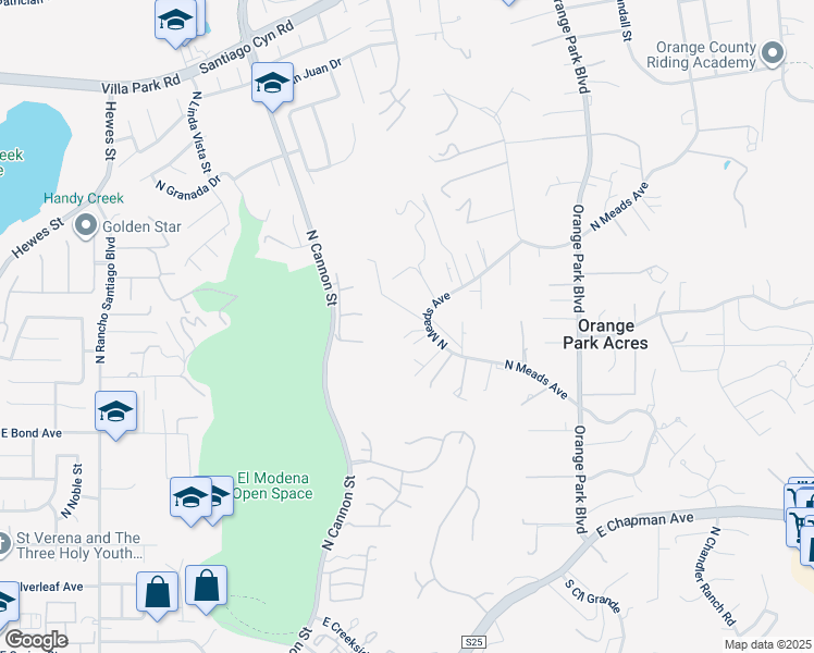map of restaurants, bars, coffee shops, grocery stores, and more near 11031 North Meads Avenue in Orange