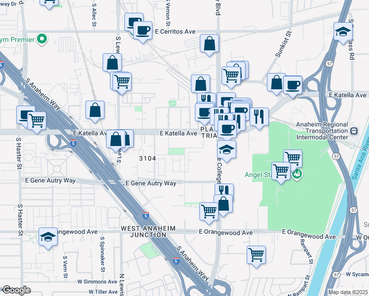 map of restaurants, bars, coffee shops, grocery stores, and more near 1860 Union Street in Anaheim