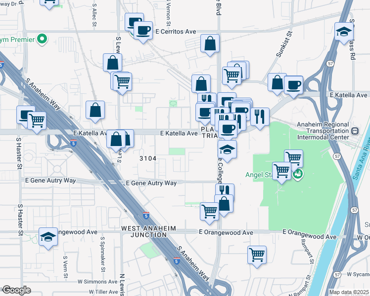 map of restaurants, bars, coffee shops, grocery stores, and more near 1874 Union Street in Anaheim
