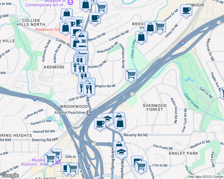 map of restaurants, bars, coffee shops, grocery stores, and more near 101 Huntington Road Northeast in Atlanta