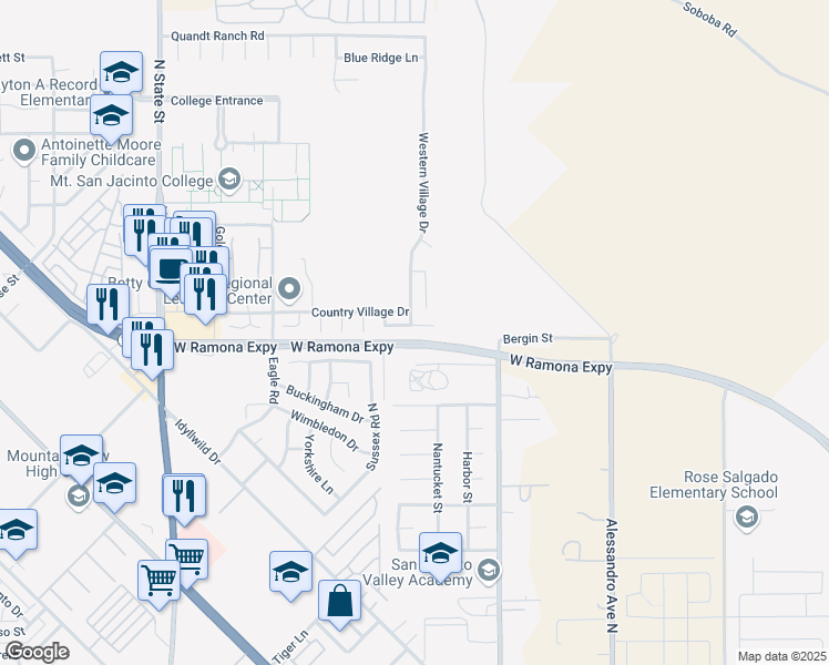 map of restaurants, bars, coffee shops, grocery stores, and more near 244 Yosemite Way in San Jacinto