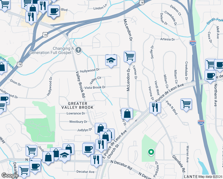 map of restaurants, bars, coffee shops, grocery stores, and more near 3093 Vista Brook Drive in Decatur