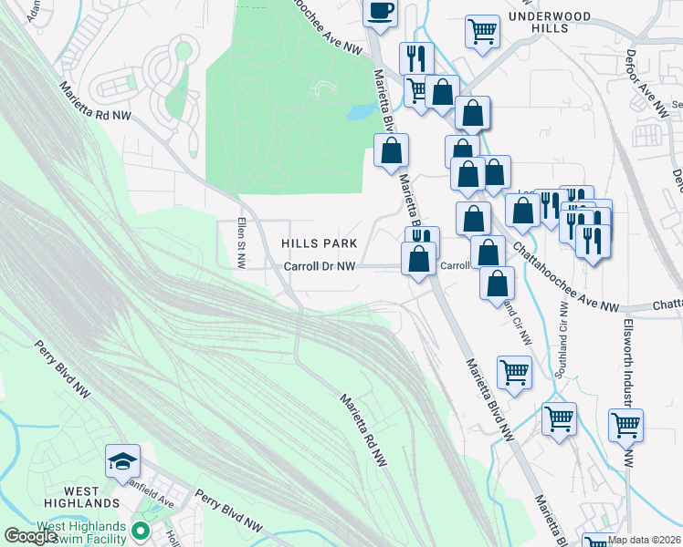 map of restaurants, bars, coffee shops, grocery stores, and more near 1625 Carroll Drive Northwest in Atlanta