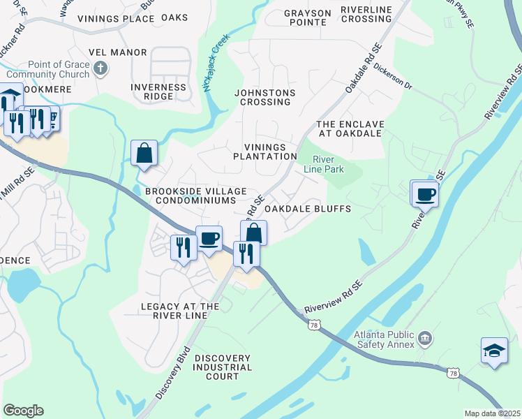 map of restaurants, bars, coffee shops, grocery stores, and more near 6174 Oakdale Road Southeast in Mableton