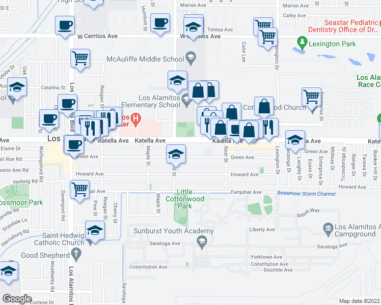 map of restaurants, bars, coffee shops, grocery stores, and more near 4081 Green Avenue in Los Alamitos