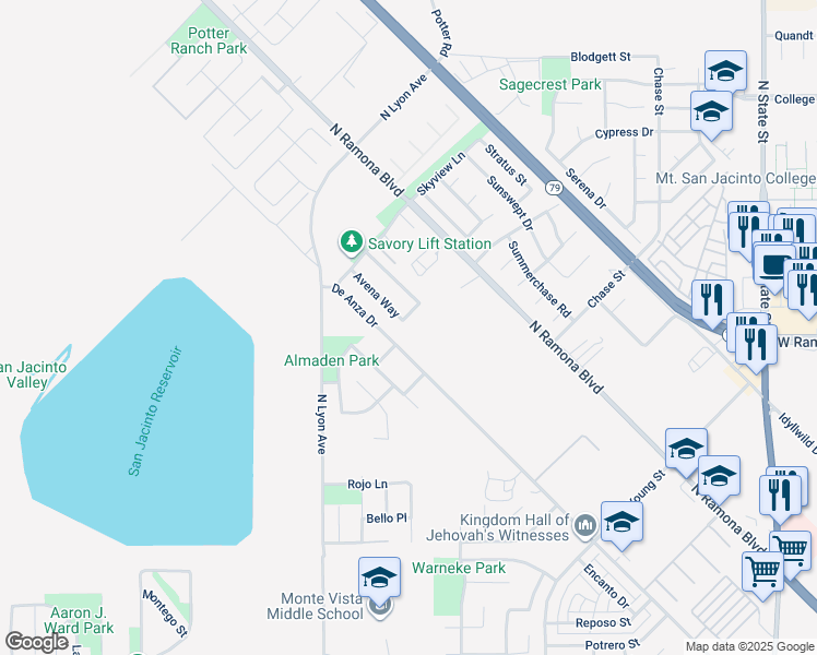 map of restaurants, bars, coffee shops, grocery stores, and more near 1414 Avena Way in San Jacinto