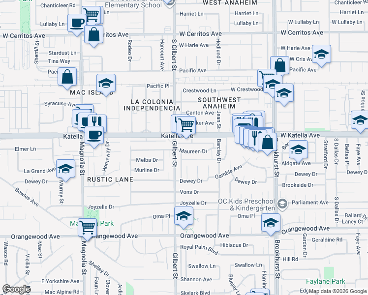 map of restaurants, bars, coffee shops, grocery stores, and more near 9541 Maureen Drive in Garden Grove