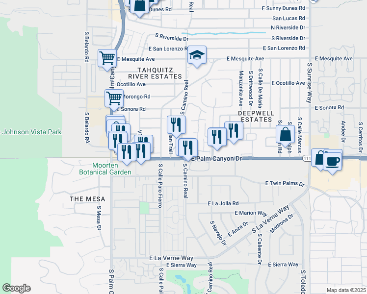map of restaurants, bars, coffee shops, grocery stores, and more near 1620 South Indian Trail in Palm Springs