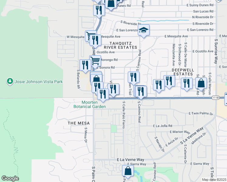 map of restaurants, bars, coffee shops, grocery stores, and more near 435 East Avenida Olancha in Palm Springs