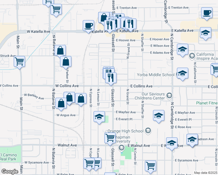 map of restaurants, bars, coffee shops, grocery stores, and more near 875 North Olive Street in Orange