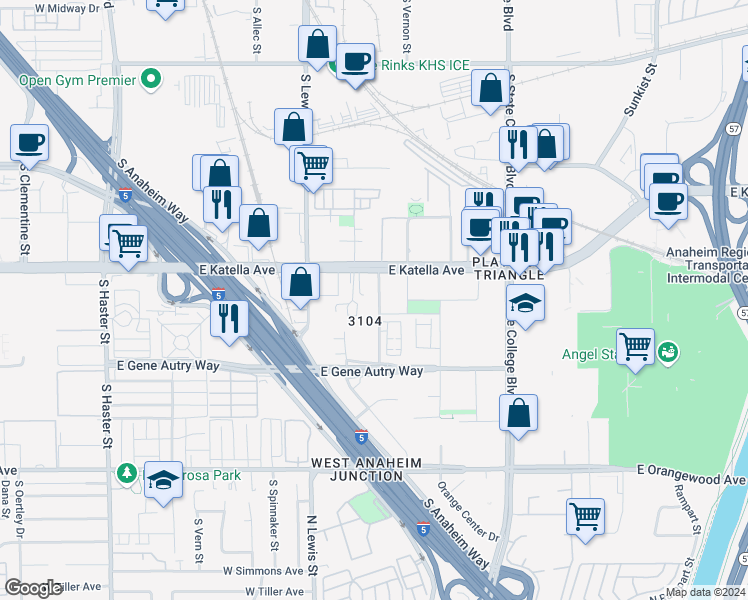 map of restaurants, bars, coffee shops, grocery stores, and more near 1030 East Katella Avenue in Anaheim