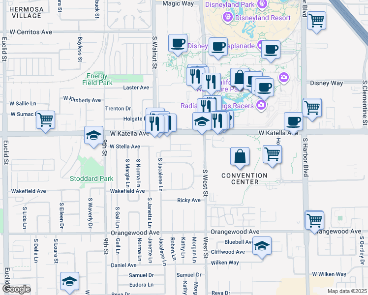 map of restaurants, bars, coffee shops, grocery stores, and more near 1126 West Katella Avenue in Anaheim