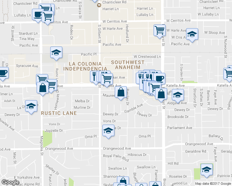 map of restaurants, bars, coffee shops, grocery stores, and more near 9581 Maureen Drive in Garden Grove