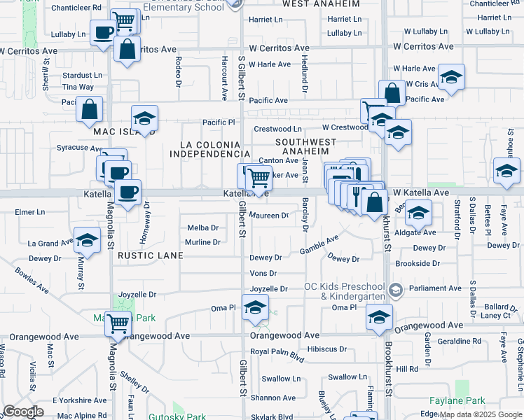 map of restaurants, bars, coffee shops, grocery stores, and more near 9581 Maureen Drive in Garden Grove