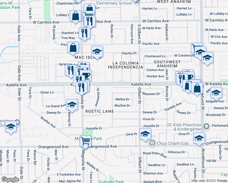 map of restaurants, bars, coffee shops, grocery stores, and more near 9338 Meridian Lane in Garden Grove