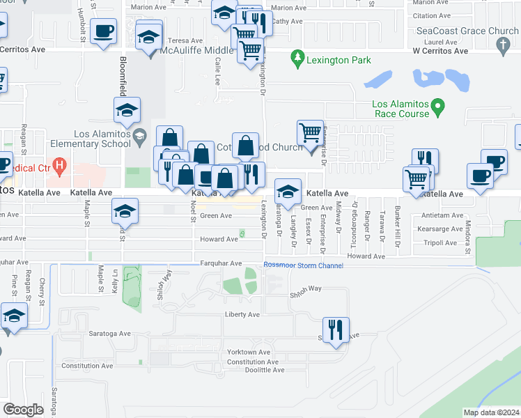 map of restaurants, bars, coffee shops, grocery stores, and more near 11032 Lexington Drive in Los Alamitos