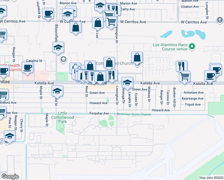 map of restaurants, bars, coffee shops, grocery stores, and more near 11032 Lexington Drive in Los Alamitos