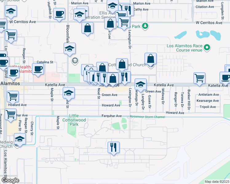 map of restaurants, bars, coffee shops, grocery stores, and more near 4401 Green Avenue in Los Alamitos
