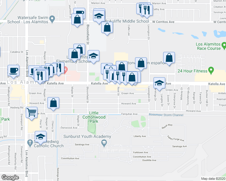 map of restaurants, bars, coffee shops, grocery stores, and more near 4232 Katella Avenue in Los Alamitos