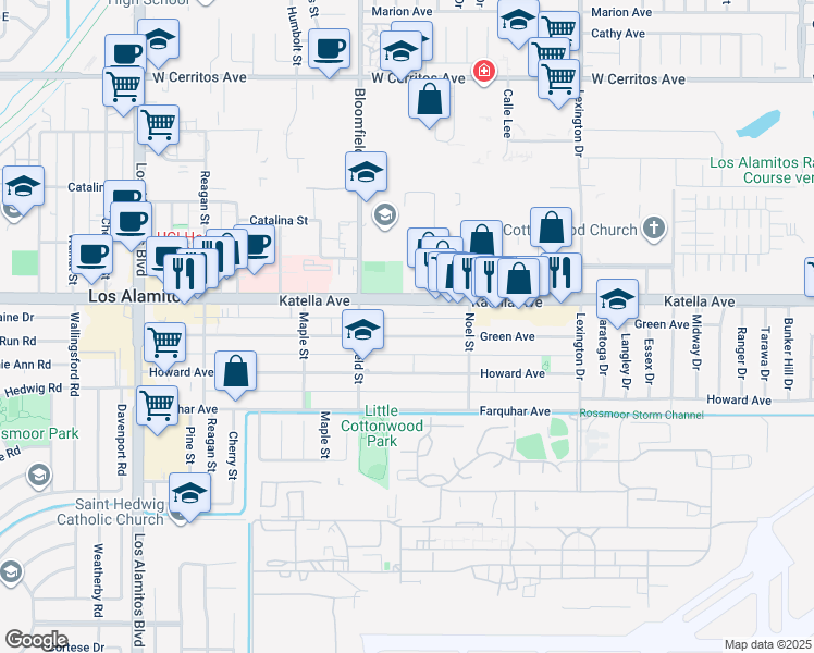 map of restaurants, bars, coffee shops, grocery stores, and more near 4081 Green Avenue in Los Alamitos