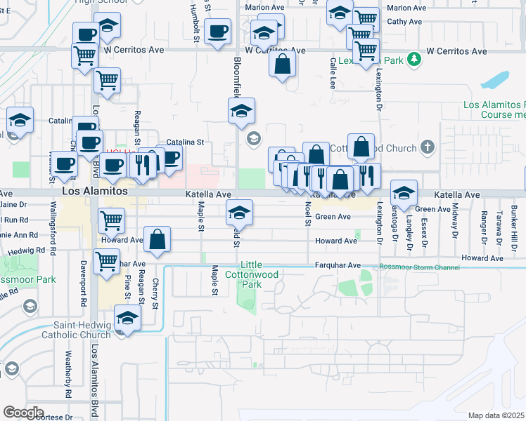 map of restaurants, bars, coffee shops, grocery stores, and more near 4081 Green Avenue in Los Alamitos