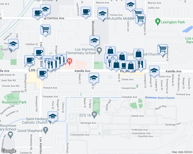map of restaurants, bars, coffee shops, grocery stores, and more near 4081 Green Avenue in Los Alamitos