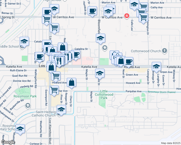 map of restaurants, bars, coffee shops, grocery stores, and more near 11054 Maple Street in Los Alamitos