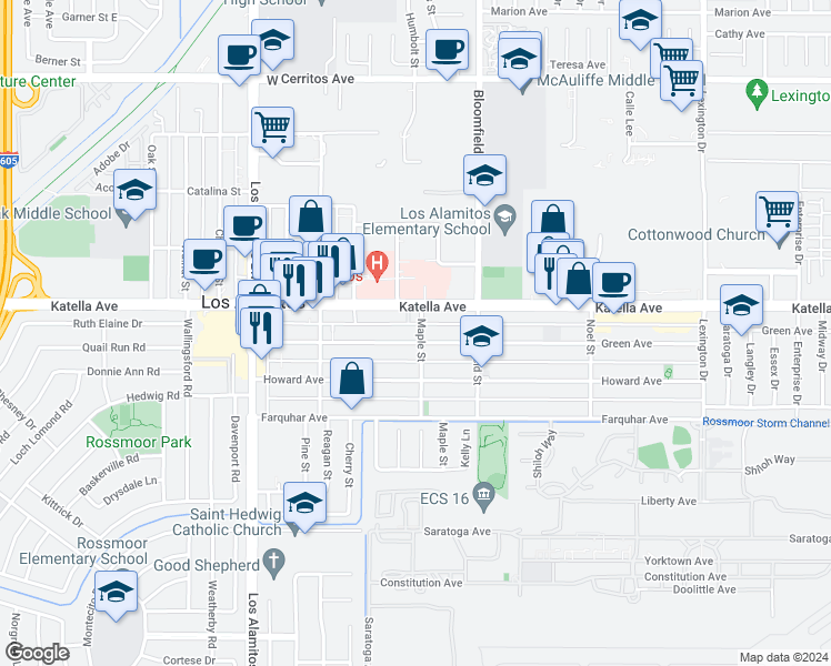 map of restaurants, bars, coffee shops, grocery stores, and more near 11054 Maple Street in Los Alamitos