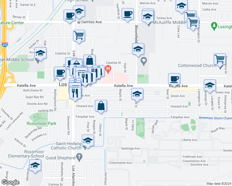 map of restaurants, bars, coffee shops, grocery stores, and more near 3810 Katella Avenue in Los Alamitos