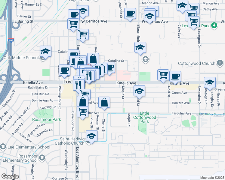 map of restaurants, bars, coffee shops, grocery stores, and more near 3810 Katella Avenue in Los Alamitos