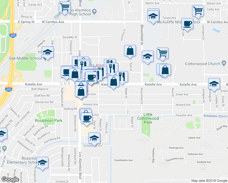 map of restaurants, bars, coffee shops, grocery stores, and more near 3810 Katella Avenue in Los Alamitos