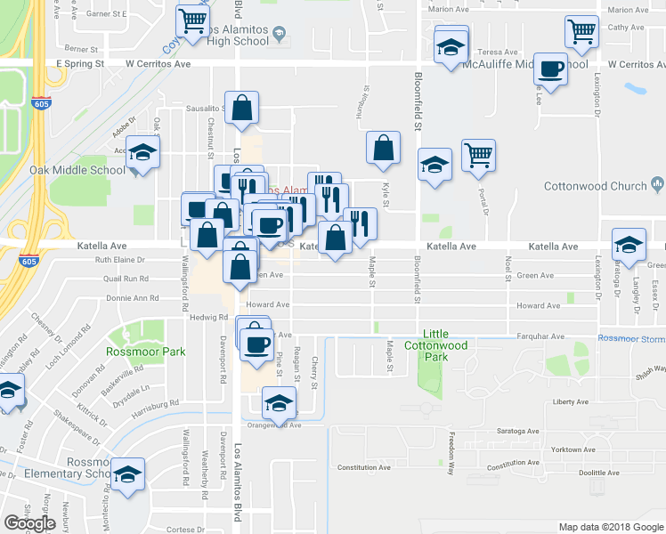 map of restaurants, bars, coffee shops, grocery stores, and more near 3700 Katella Avenue in Los Alamitos