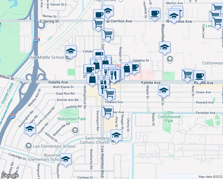map of restaurants, bars, coffee shops, grocery stores, and more near 3532 Katella Avenue in Los Alamitos