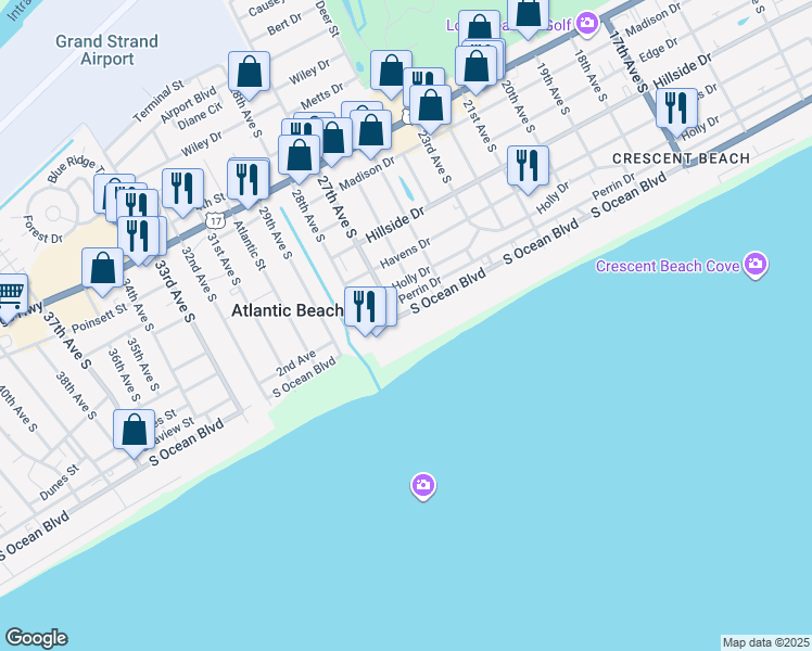 map of restaurants, bars, coffee shops, grocery stores, and more near 2601 South Ocean Boulevard in North Myrtle Beach