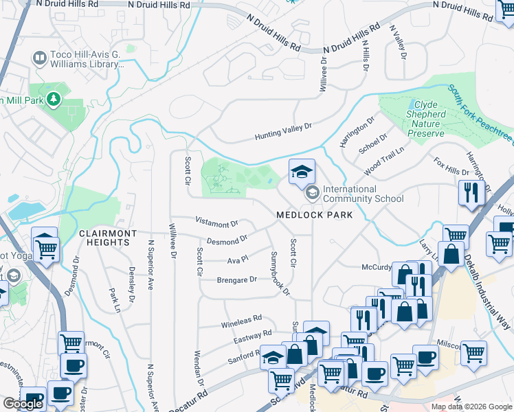 map of restaurants, bars, coffee shops, grocery stores, and more near 886 Scott Circle in Decatur