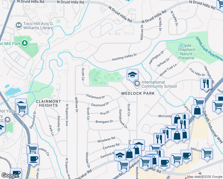 map of restaurants, bars, coffee shops, grocery stores, and more near 886 Scott Circle in Decatur