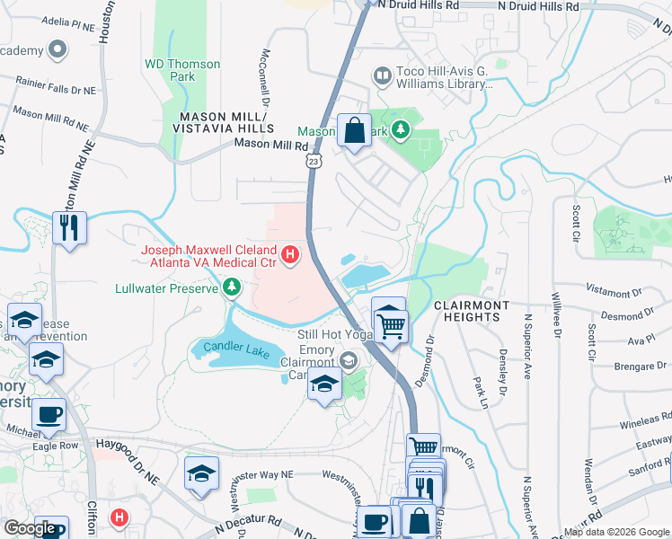 map of restaurants, bars, coffee shops, grocery stores, and more near 10 Highland Lake Circle in Decatur