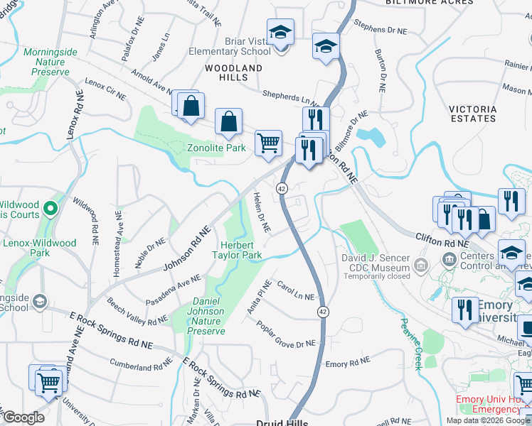 map of restaurants, bars, coffee shops, grocery stores, and more near 1749 Helen Drive Northeast in Atlanta
