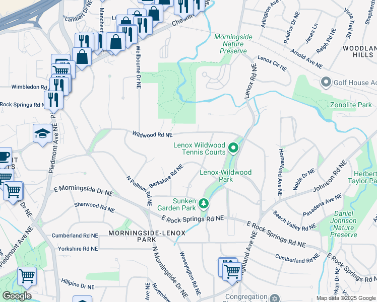 map of restaurants, bars, coffee shops, grocery stores, and more near 973 Wildwood Road Northeast in Atlanta